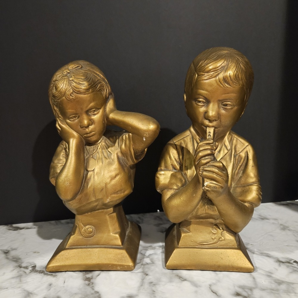 Vintage ESCO Chalkware Boy Flute Girl Covering Ears Bust Statues‎ Set